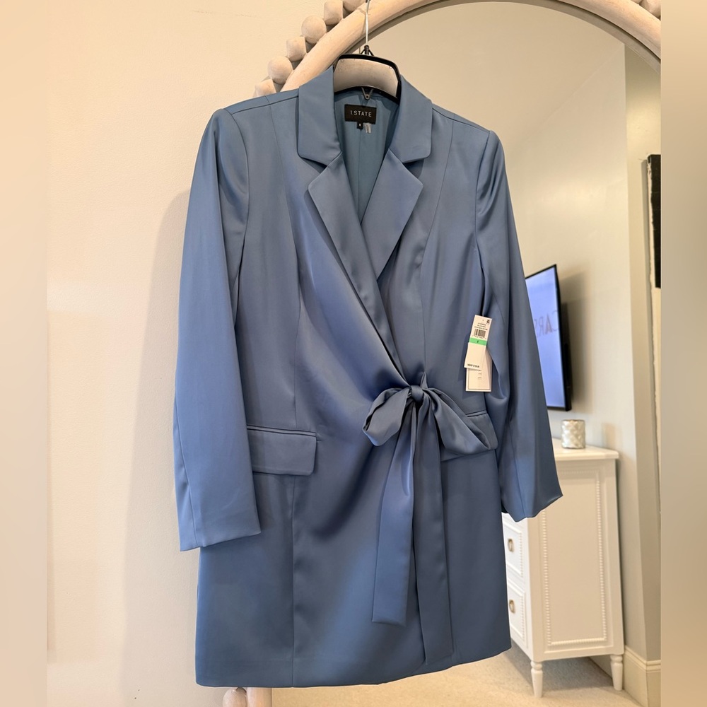 I•State DRESS- Steel Blue Wrap Blazer with Self Tie